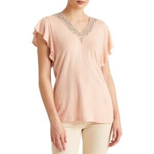 Ralph Lauren Women Pink Linen/Viscose Knit Lace Flutter Sleeves T-Shirt Size XS
